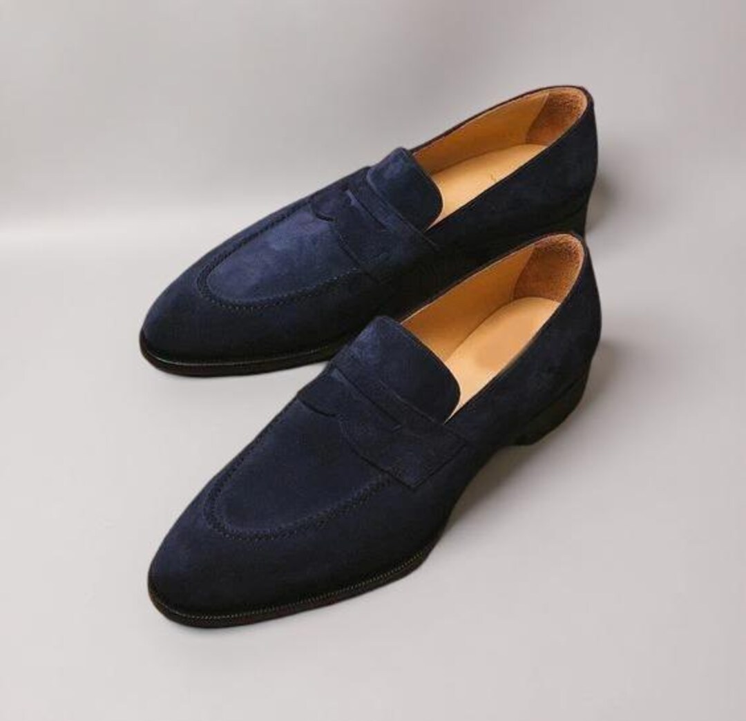 Men Handmade Navy Blue Suede Leather Loafer Shoes, Formal  display picture 2