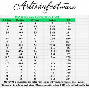 May include: A white shoe size conversion chart titled Artisanfootware MEN SHOE SIZE CONVERSION CHART. The table lists US, EU, and UK sizes alongside corresponding measurements in inches and centimeters, ranging from US size 5 to 16.