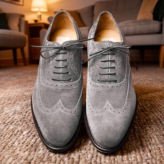 Handmade Men Gray Suede Leather Oxfords Dress Shoes Formal Lace up Oxfords