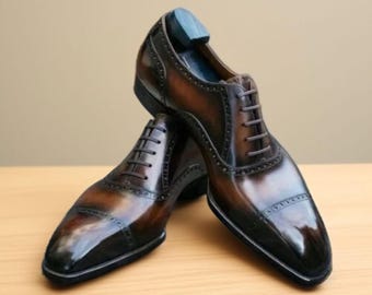 Handmade Men's Dark Brown Leather Shaded Oxford Cap-Toe Lace Up Dress Shoes Men