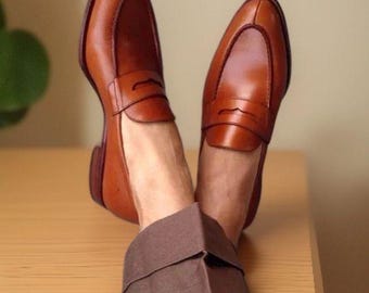 Mocasines de cuero marrón hechos a mano para hombre, zapatos de vestir, mocasines, zapatos formales marrones para hombre