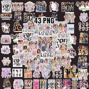 以下が含まれることがあります： K-POPグループの画像が特徴の43個のPNGステッカーのコレクション。グループ写真、漫画のイラスト、そして「KATSEYE」の文字が含まれています。ステッカーは様々な色とスタイルです。