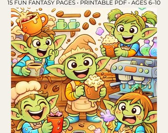 Fantasy Coloring Pages for Kids | Silly Goblin Baristas Printable PDF Ages 6-10