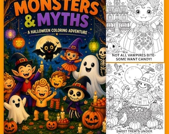May include: A digital coloring book titled Monsters & Myths: A Halloween Coloring Adventure featuring 30 pages. The cover displays cartoon characters like ghosts, vampires, and skeletons with pumpkins. Includes two black and white sample pages.