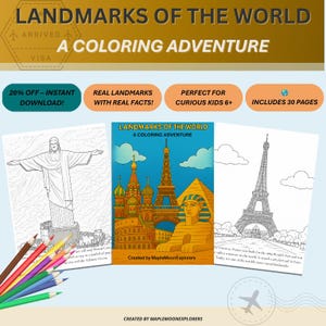 Wahrzeichen der Welt Malbuch für Kinder | Lernspielzeug für Kinder Druckbare PDF | Lustige Geographie & Geschichte Seiten