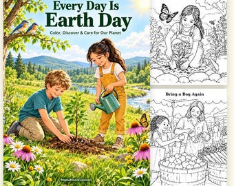 May include: A colouring and activity book titled Every Day Is Earth Day featuring a colourful cover with two children gardening, plus two black and white interior pages showing a child planting flowers and a person shopping at a market.