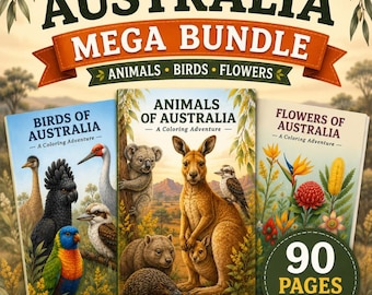 Australia Coloring Book Bundle for Kids | Animals, Birds & Flowers | 90+ Printable Pages