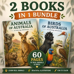 May include: A bundle of two colouring books titled Animals of Australia and Birds of Australia. The covers feature illustrations of a koala, kangaroo, wombat, platypus, kookaburra, black cockatoo, and rainbow lorikeet. Text includes 2 BOOKS IN 1 BUNDLE.