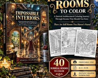 Impossible Interiors Adult Coloring Book | 40 Surreal Rooms & Hidden Details | Printable PDF