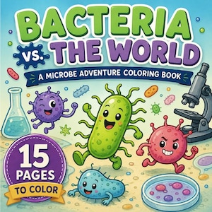 May include: A coloring book titled Bacteria vs. The World: A Microbe Adventure Coloring Book. The cover features cartoon microbes in green, purple, red, and blue, a microscope, a beaker, and a petri dish. A badge indicates 15 pages to color.