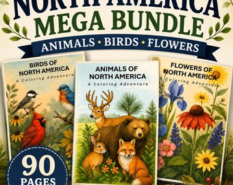 North America Nature Coloring Book Bundle for Kids | Animals, Birds & Flowers | 90 Pages