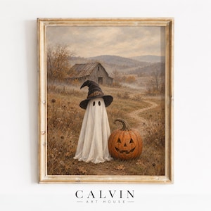 Charming spooky ghost digital artwork for entryway — vintage fall painting with earthy muted color palette