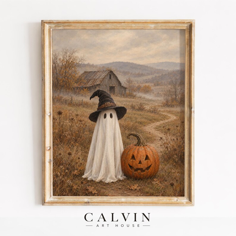 Charming spooky ghost digital artwork for entryway — vintage fall painting with earthy muted color palette