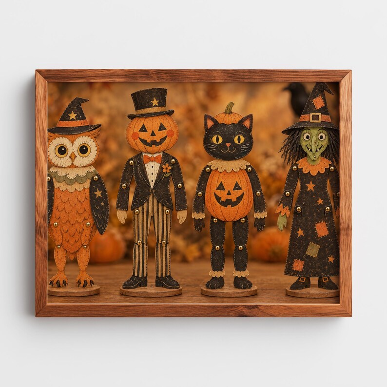 Antique toy-style Halloween artwork digital download — four articulated paper dolls in warm textured illustration