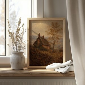 Countryside dwelling artwork with wild grasses and pale glowing sun in muted tones