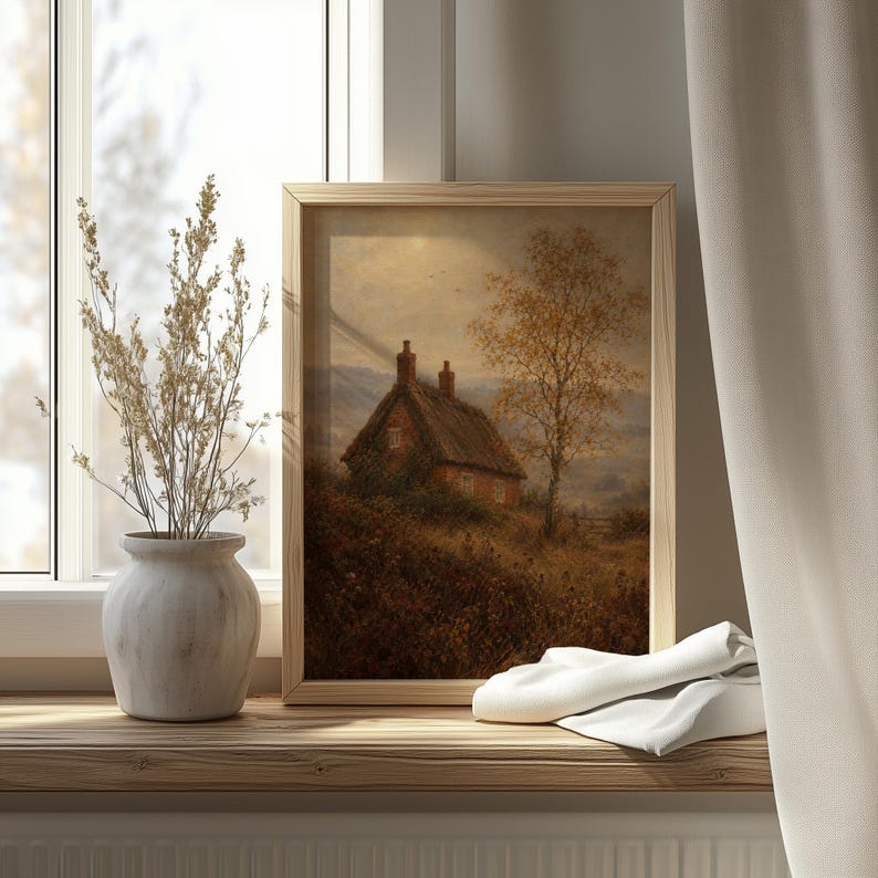 Countryside dwelling artwork with wild grasses and pale glowing sun in muted tones