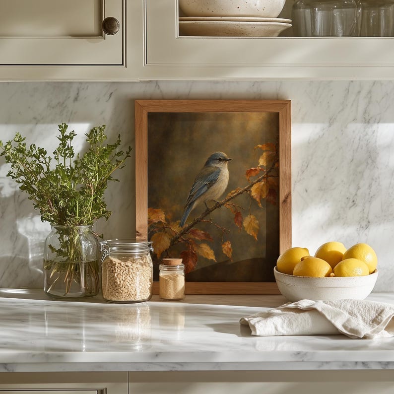 Moody nature poster featuring blue-gray bird — rustic branch composition with rust and golden leaves