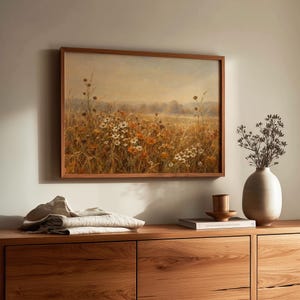 Rustic wildflower poster for kitchen — heritage-inspired art featuring seasonal blooms and golden grassland