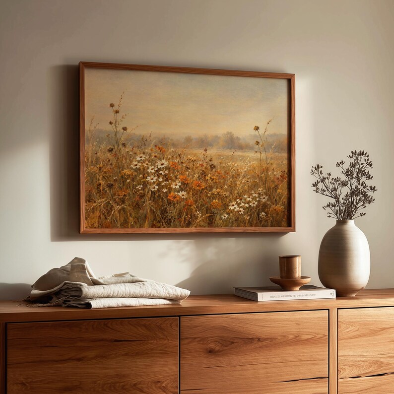 Rustic wildflower poster for kitchen — heritage-inspired art featuring seasonal blooms and golden grassland