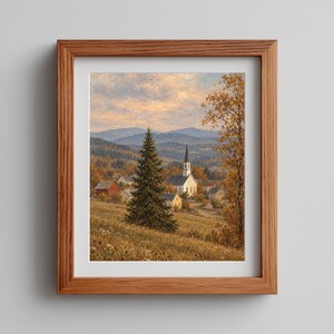 Serene village church painting printable wall art — rustic aesthetic with sage green and dusty blue