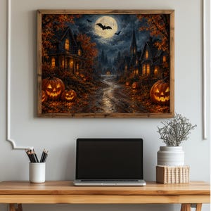 Festive yet haunting wall decor painting digital download — village lanterns casting warm light across spooky moonlit night scene