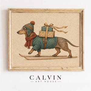 Skiing pup with Christmas bundles wall art for bedroom — cozy seasonal illustration in teal and rust