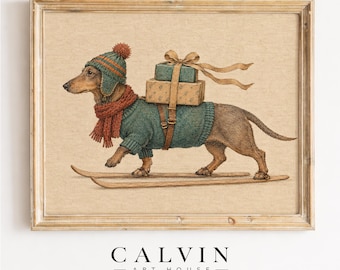 Vintage Christmas Dachshund Print, Skiing Dog Wall Art (Digital Download)
