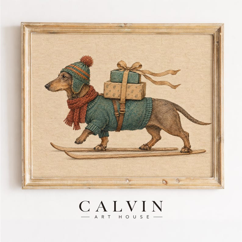 Skiing pup with Christmas bundles wall art for bedroom — cozy seasonal illustration in teal and rust
