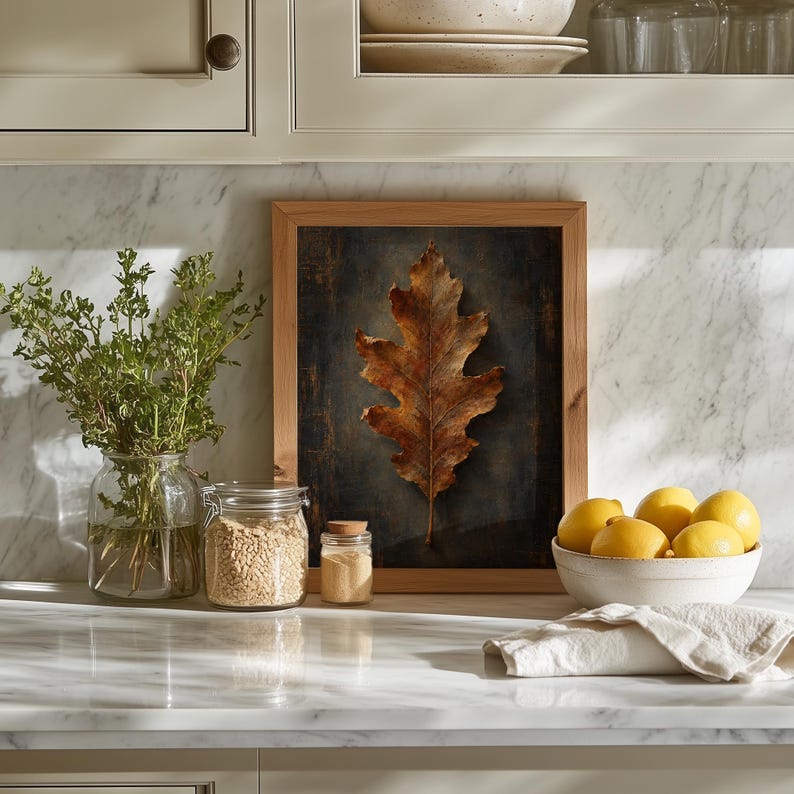 Fall leaf digital wall art for cottage — rustic antique botanical featuring warm earth tones
