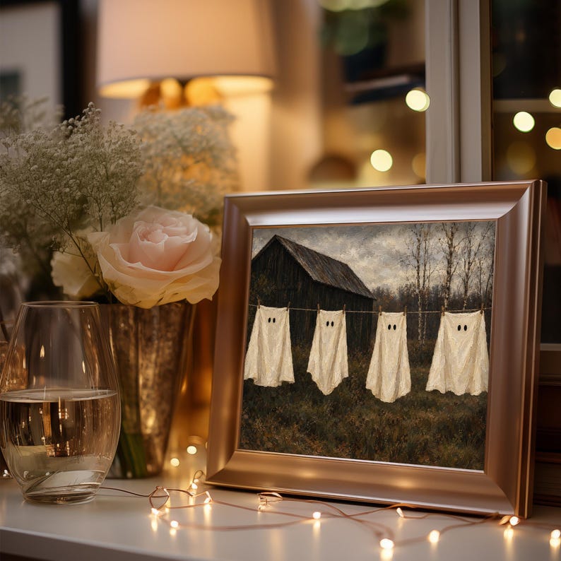 Four spectres strung between posts picture for living room — moody autumn Halloween décor with soft brushstroke details