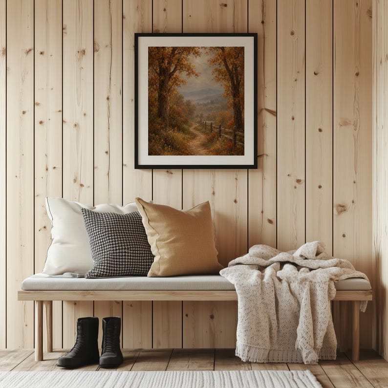 Winding country path printable art for living room — golden autumn trees and misty mountains landscape