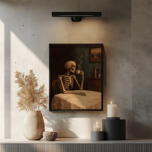 Skull sipping beverage wall art print for entertainment room — moody vintage-inspired spooky scene