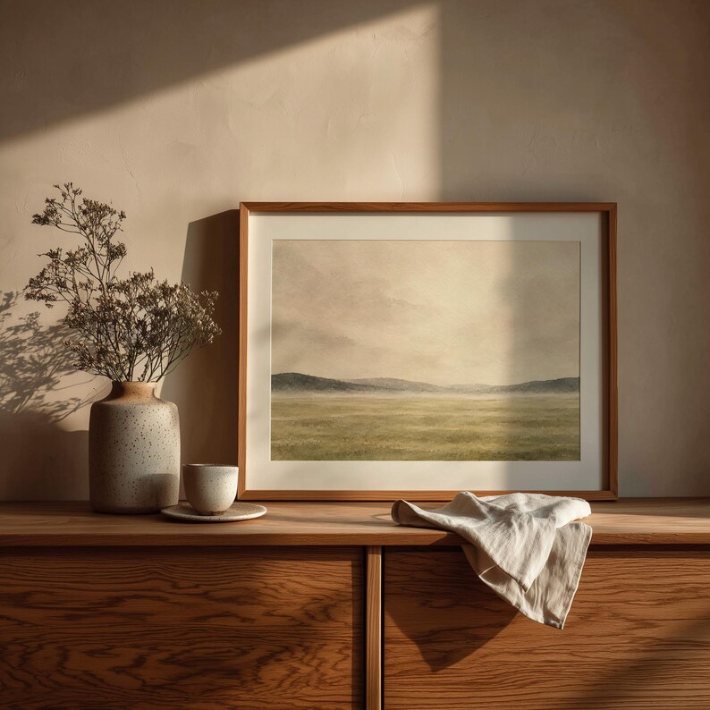 Soft meadow artwork instant download featuring distant mountains and creamy sky