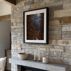 Cottagecore cabin wall art digital download — moody woodland setting with warm interior glow