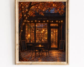 Cozy Bookstore Café Print, Autumn Fall Painting Printable Wall Art (Digital Download)