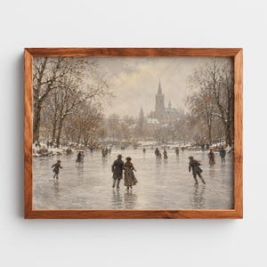 Nostalgic frozen pond picture printable art — vintage holiday mood with snow-dusted branches and figures