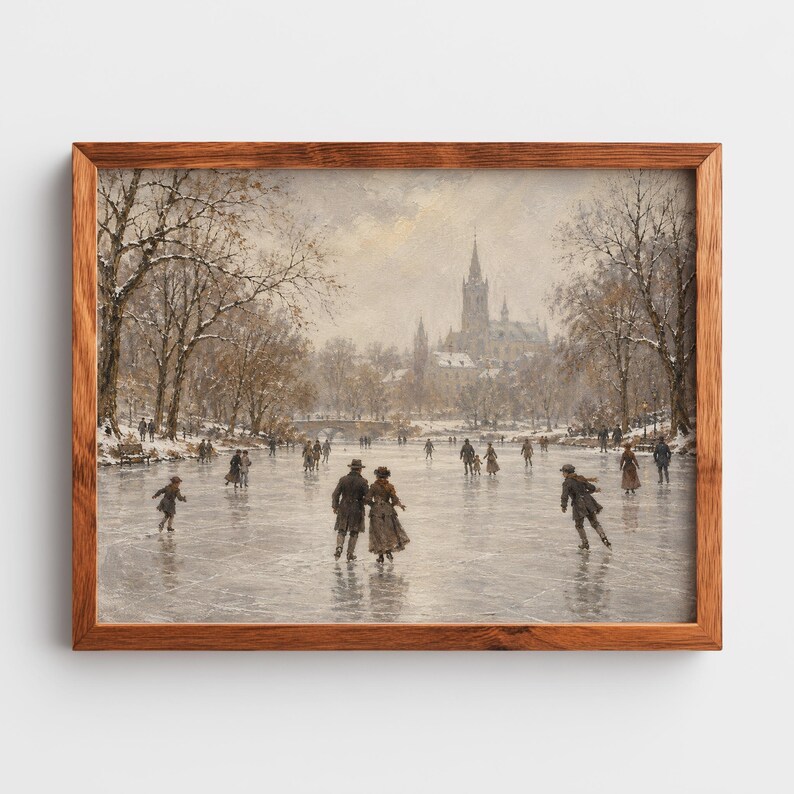 Nostalgic frozen pond picture printable art — vintage holiday mood with snow-dusted branches and figures