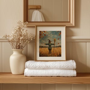 Farmhouse scarecrow instant download for gallery wall — rustic oil painting style with distant treeline and golden wheat backdrop