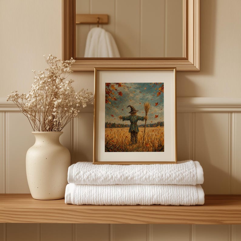 Farmhouse scarecrow instant download for gallery wall — rustic oil painting style with distant treeline and golden wheat backdrop