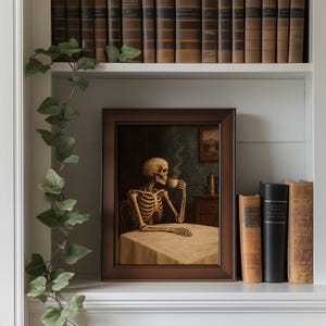 Bone figure holding mug poster for coffee bar — Halloween wall art with classic portrait composition