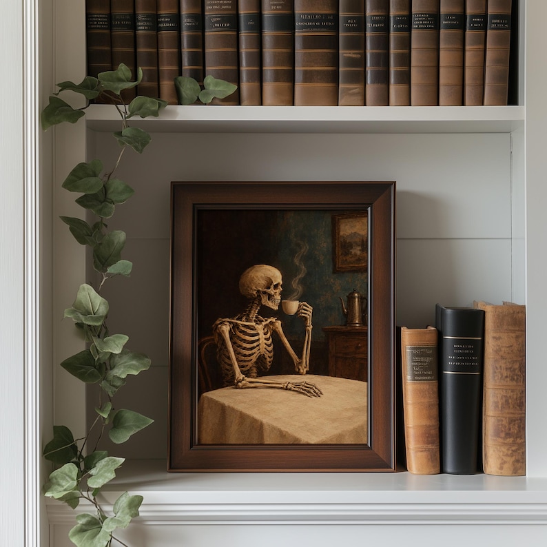 Bone figure holding mug poster for coffee bar — Halloween wall art with classic portrait composition