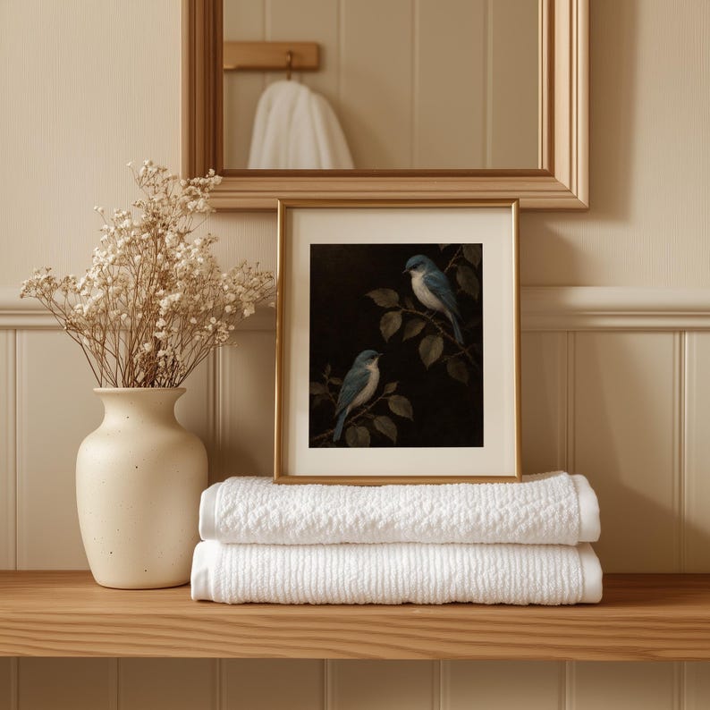 Perched pair on twigs picture printable art — vintage oil painting aesthetic with muted botanical detail
