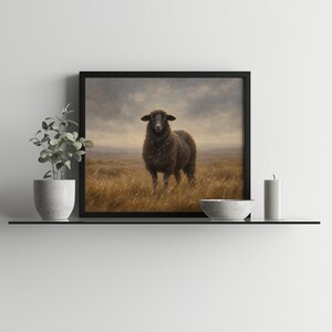Woolen animal portrait art for bedroom — cottagecore print with windswept meadow and muted palette