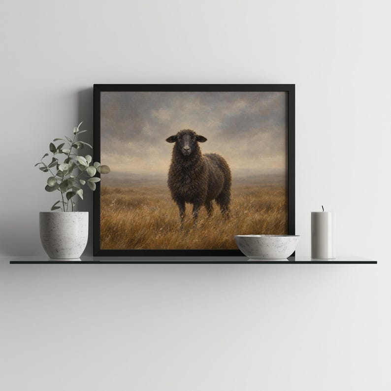 Woolen animal portrait art for bedroom — cottagecore print with windswept meadow and muted palette