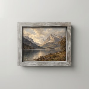Alpine lake poster with dramatic clouds and golden light — classic landscape art for bedroom
