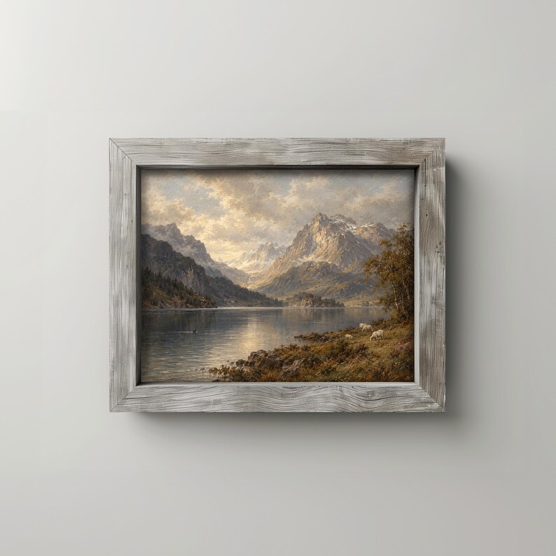 Alpine lake poster with dramatic clouds and golden light — classic landscape art for bedroom