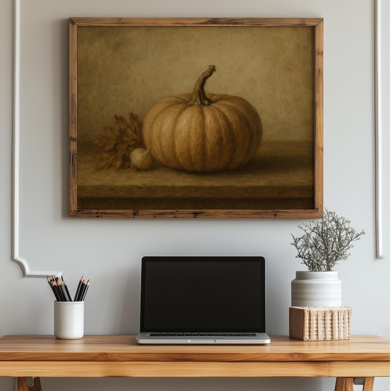 Gourd and leaf digital print wall art for rustic home — classic farmhouse aesthetic with muted ochre undertones