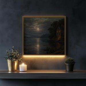 Atmospheric lakeside manor digital print for gallery wall — brooding vintage painting with rich textured brushwork