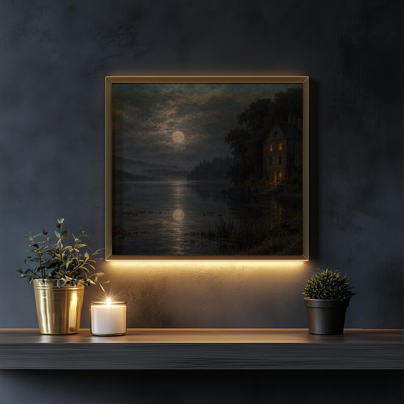 Atmospheric lakeside manor digital print for gallery wall — brooding vintage painting with rich textured brushwork