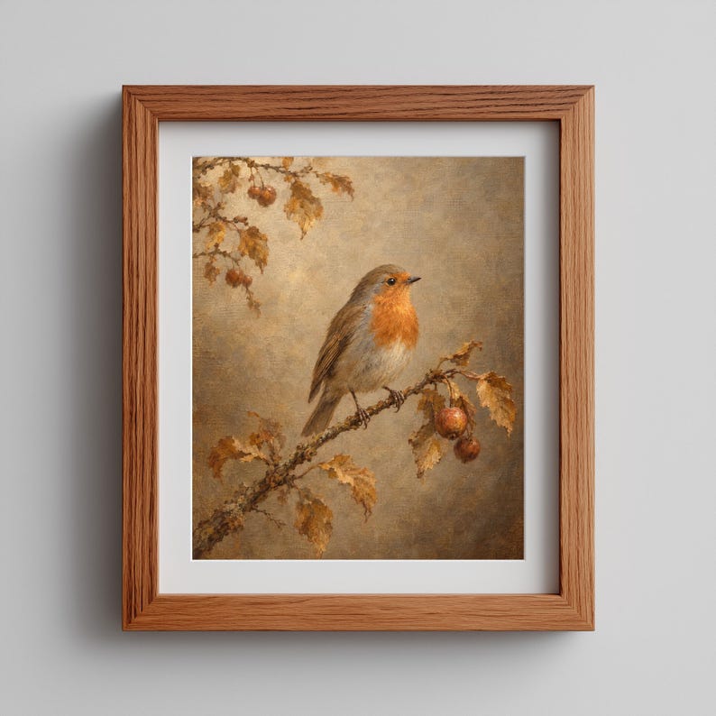 Wild robin with fruit branch artwork for hallway — aged nature study with earthy tones